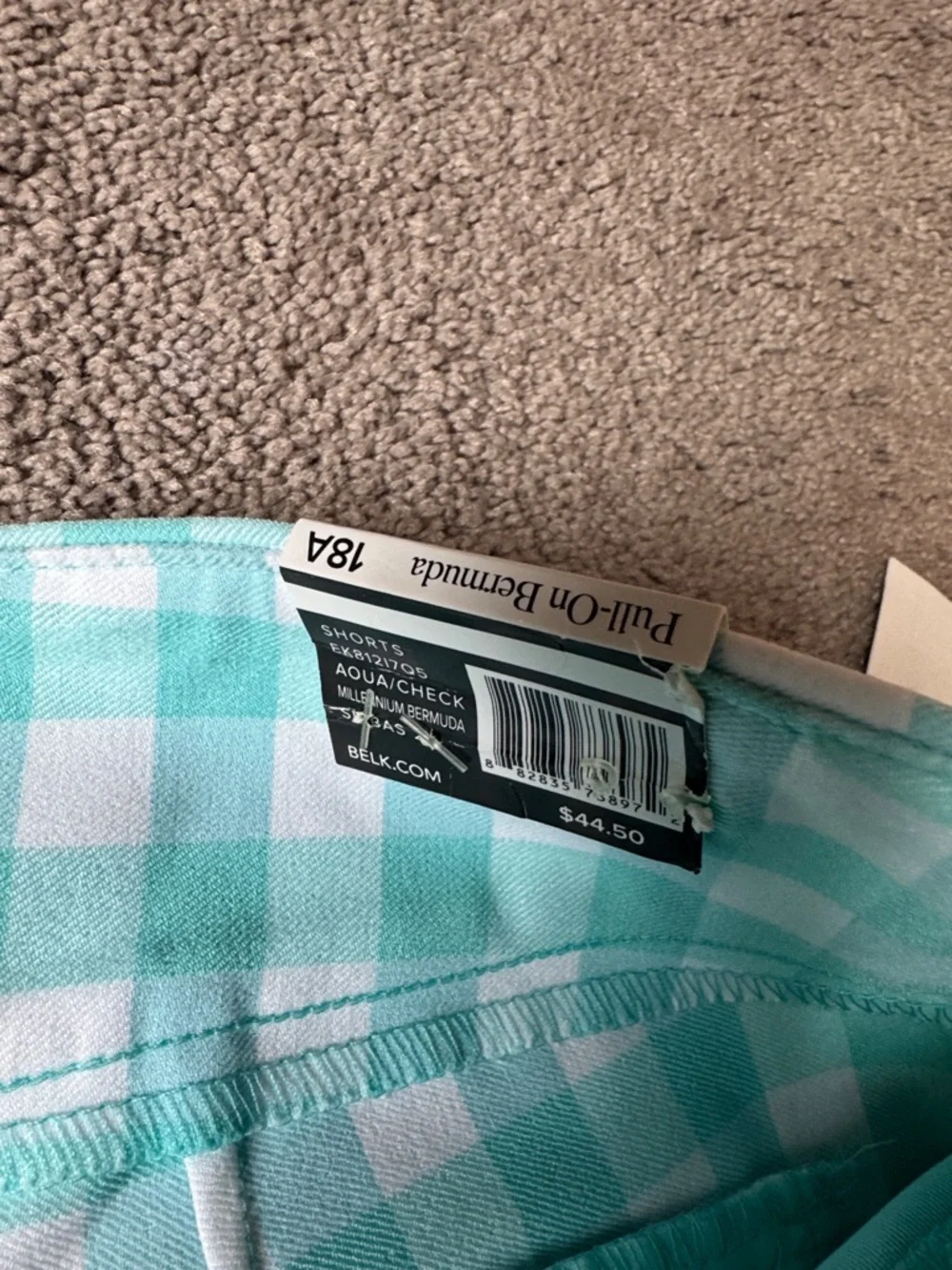 Kim Rogers Aqua Green White Gingham Pull On Tummy Control Bermuda Shorts SIZE 18
